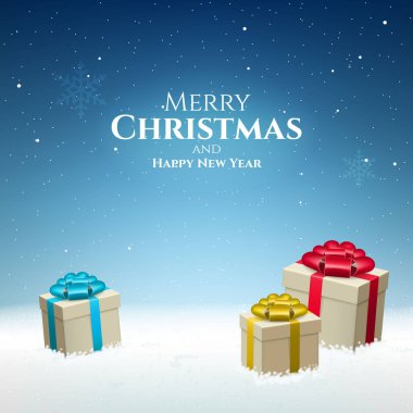 Soyut Yüksek Kaliteli Mutlu Noeller ve Düşen Kar ve Hediyelerle Mutlu Yıllar. İzole Vektör Elementleri