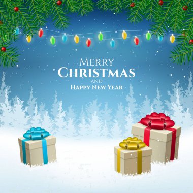 Soyut Yüksek Kaliteli Mutlu Noeller ve Düşen Kar ve Hediyelerle Mutlu Yıllar. İzole Vektör Elementleri