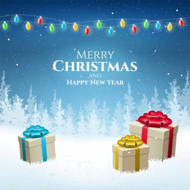 Soyut Yüksek Kaliteli Mutlu Noeller ve Düşen Kar ve Hediyelerle Mutlu Yıllar. İzole Vektör Elementleri