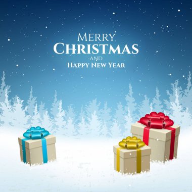 Soyut Yüksek Kaliteli Mutlu Noeller ve Düşen Kar ve Hediyelerle Mutlu Yıllar. İzole Vektör Elementleri