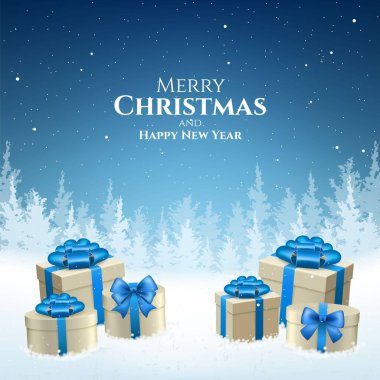 Soyut Yüksek Kaliteli Mutlu Noeller ve Düşen Kar ve Hediyelerle Mutlu Yıllar. İzole Vektör Elementleri