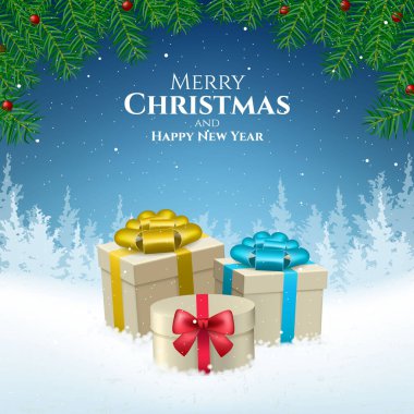 Soyut Yüksek Kaliteli Mutlu Noeller ve Düşen Kar ve Hediyelerle Mutlu Yıllar. İzole Vektör Elementleri