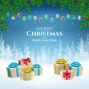 Soyut Yüksek Kaliteli Mutlu Noeller ve Düşen Kar ve Hediyelerle Mutlu Yıllar. İzole Vektör Elementleri