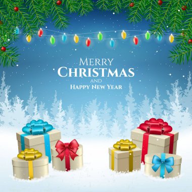 Soyut Yüksek Kaliteli Mutlu Noeller ve Düşen Kar ve Hediyelerle Mutlu Yıllar. İzole Vektör Elementleri