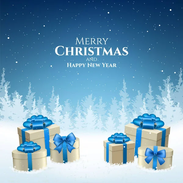 Soyut Yüksek Kaliteli Mutlu Noeller ve Düşen Kar ve Hediyelerle Mutlu Yıllar. İzole Vektör Elementleri