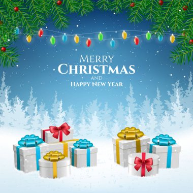 Soyut Yüksek Kaliteli Mutlu Noeller ve Düşen Kar ve Hediyelerle Mutlu Yıllar. İzole Vektör Elementleri