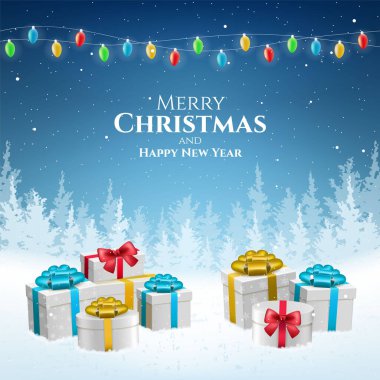 Soyut Yüksek Kaliteli Mutlu Noeller ve Düşen Kar ve Hediyelerle Mutlu Yıllar. İzole Vektör Elementleri