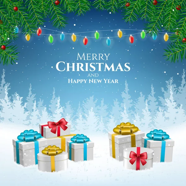 Soyut Yüksek Kaliteli Mutlu Noeller ve Düşen Kar ve Hediyelerle Mutlu Yıllar. İzole Vektör Elementleri