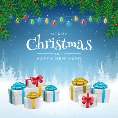 Soyut Yüksek Kaliteli Mutlu Noeller ve Düşen Kar ve Hediyelerle Mutlu Yıllar. İzole Vektör Elementleri