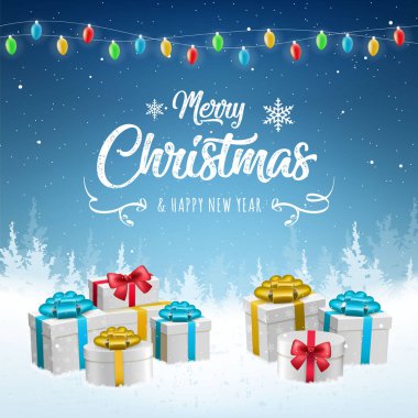 Soyut Yüksek Kaliteli Mutlu Noeller ve Düşen Kar ve Hediyelerle Mutlu Yıllar. İzole Vektör Elementleri