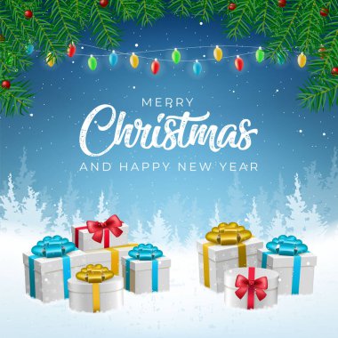 Soyut Yüksek Kaliteli Mutlu Noeller ve Düşen Kar ve Hediyelerle Mutlu Yıllar. İzole Vektör Elementleri