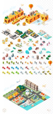  Beyaz Arkaplanda Isometric Yüksek Kalite Şehir Elementi seti. Şehre. İzole Vektör Elementleri