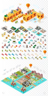  Beyaz Arkaplanda Isometric Yüksek Kalite Şehir Elementi seti. Şehre. İzole Vektör Elementleri