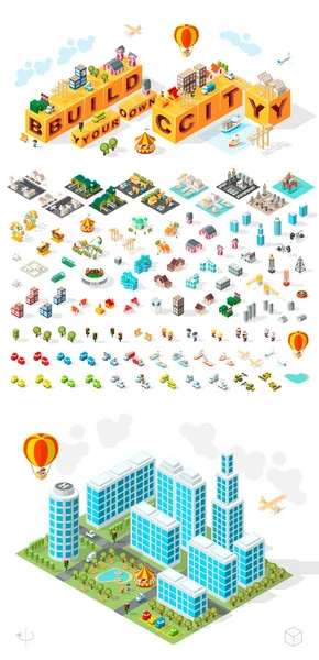 Set Isometric High Quality City Element White Background Город Изолированные — стоковый вектор