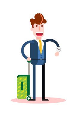 Beyaz Arkaplanda Seyahat Etmeyi Bekleyen Düz İş Adamı. İzole edilmiş Düz Vektör İllüstrasyonu