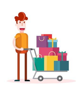  Beyaz Arkaplanda Düz Çocuk Alışveriş. İzole edilmiş Düz Vektör İllüstrasyonu