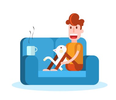 Kanepede Kedi Okşan Çocuk. İzole edilmiş Düz Vektör İllüstrasyonu