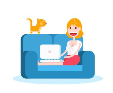 Beyaz Arkaplanda dizüstü bilgisayarı olan bir kız. İzole edilmiş Düz Vektör İllüstrasyonu