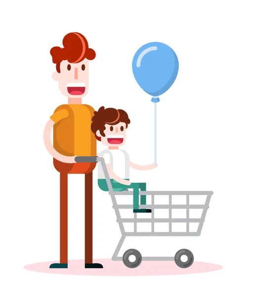 Flat Boy Beim Einkaufen Mit Seinem Sohn Auf Weißem Hintergrund — Stockvektor