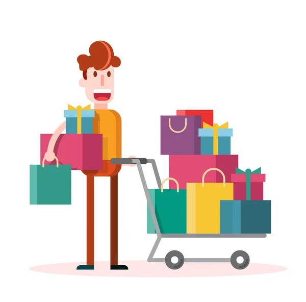 Flat Boy Compras Sobre Fondo Blanco Ilustración Plana Aislada Del — Vector de stock