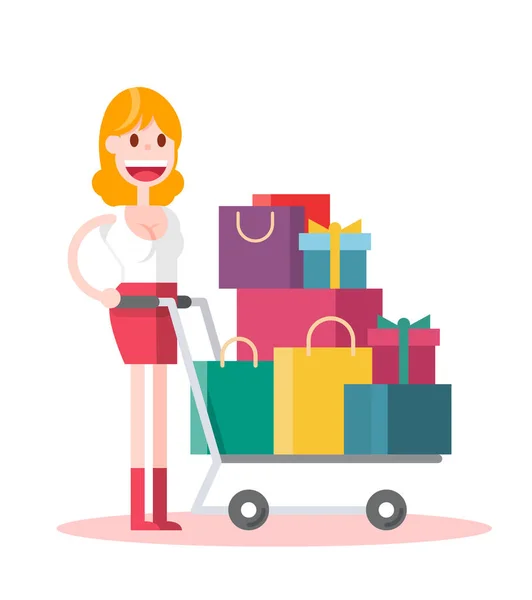 Flat Girl Compras Fundo Branco Ilustração Plana Isolada Vetor —  Vetores de Stock