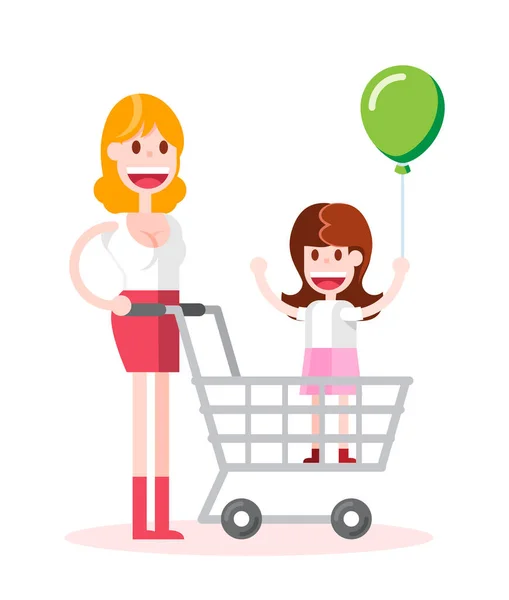 Flat Girl Compras Con Hija Fondo Blanco Ilustración Plana Aislada — Vector de stock