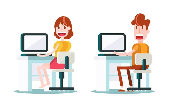 年轻的男孩和女孩带着笔记本电脑在办公室工作 白色背景的孤立平面矢量图解 — 图库矢量图片
