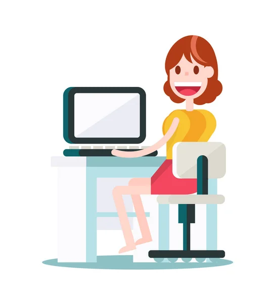 一个拿着手提电脑在办公室工作的年轻姑娘 白色背景的孤立平面矢量图解 — 图库矢量图片