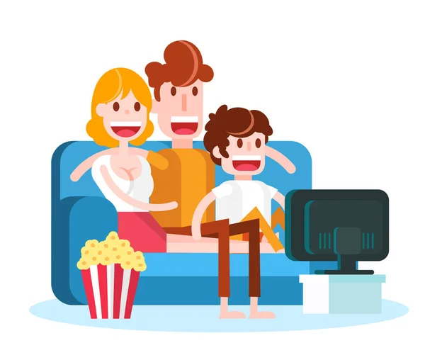 Családi Tévézés Popcornnal Kanapén Fehér Háttér Izolált Lapos Vektor Illusztráció — Stock Vector