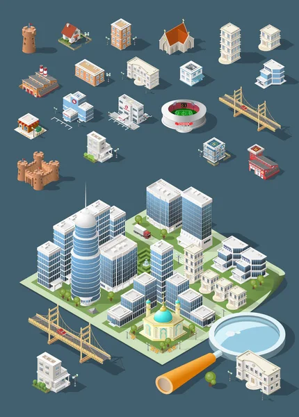 Zbuduj Własne Miasto Zestaw Izolowanych Minimalnych Elementów Wektorowych Miasta Ciemnym — Wektor stockowy
