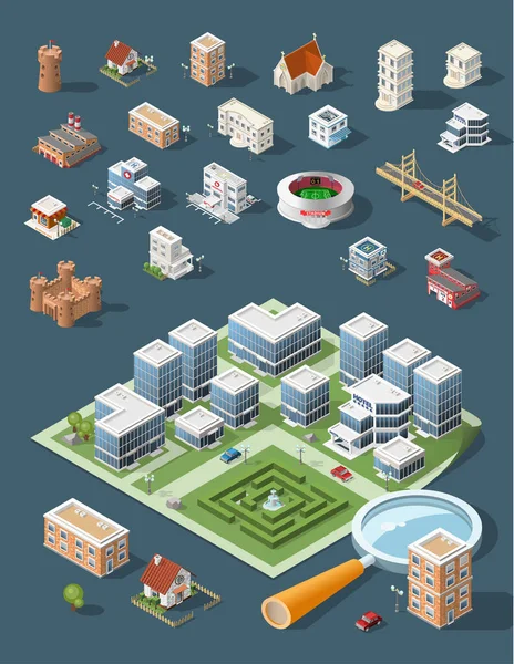 Zbuduj Własne Miasto Zestaw Izolowanych Minimalnych Elementów Wektorowych Miasta Ciemnym — Wektor stockowy