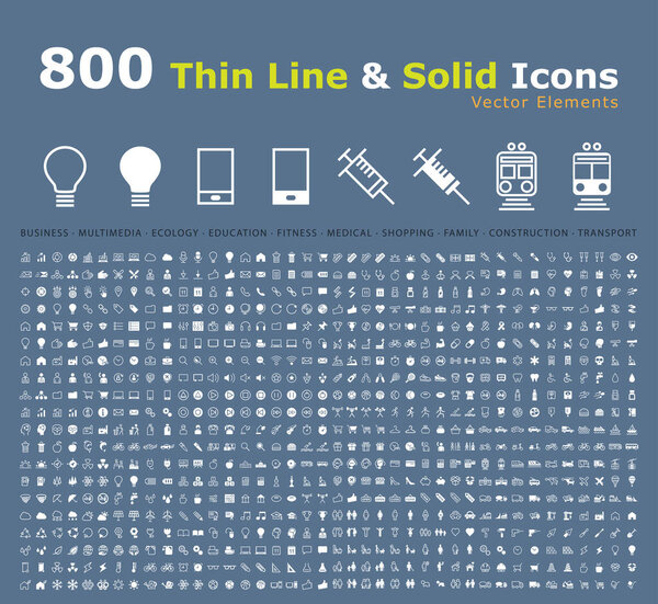 Set of Universal High Quality Thin Line and Solid Icons . Isolated Vector Elements