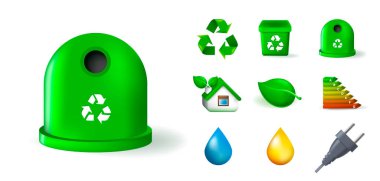 Beyaz Arkaplanda Ekoloji Elementleri seti. İzole Vektör İllüstrasyonu 