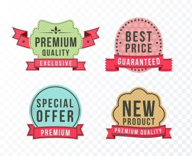 Arka planda Kurdeleli Düz Yüksek Kaliteli Odern Etiketleri. Vektör İzole Resimleri