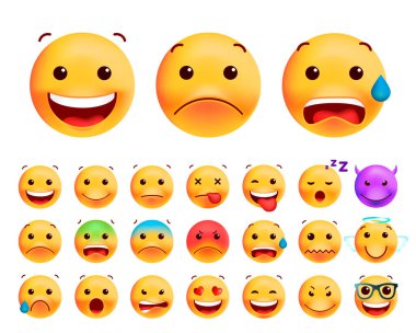 Katı Arkaplanda Sevimli Yüksek Kaliteli Duygu Simgeleri. İzole Vektör İllüstrasyonu