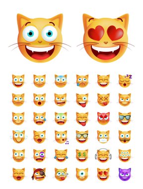 Tasarımınız için Katı Arkaplanda Yüksek Kaliteli Sevimli Duygusal Kedi seti. İzole Vektör İllüstrasyonu 