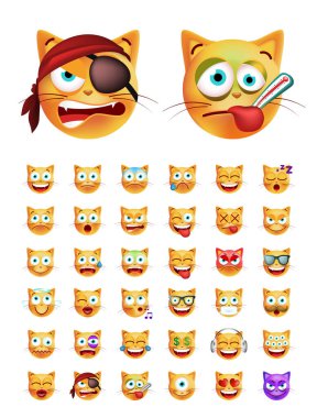 Tasarımınız için Katı Arkaplanda Yüksek Kaliteli Sevimli Duygusal Kedi seti. İzole Vektör İllüstrasyonu 