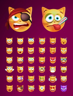 Tasarımınız için Katı Arkaplanda Yüksek Kaliteli Sevimli Duygusal Kedi seti. İzole Vektör İllüstrasyonu 