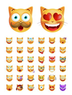 Tasarımınız için Katı Arkaplanda Yüksek Kaliteli Sevimli Duygusal Kedi seti. İzole Vektör İllüstrasyonu 