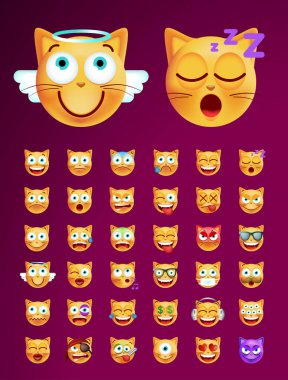 Tasarımınız için Katı Arkaplanda Yüksek Kaliteli Sevimli Duygusal Kedi seti. İzole Vektör İllüstrasyonu 