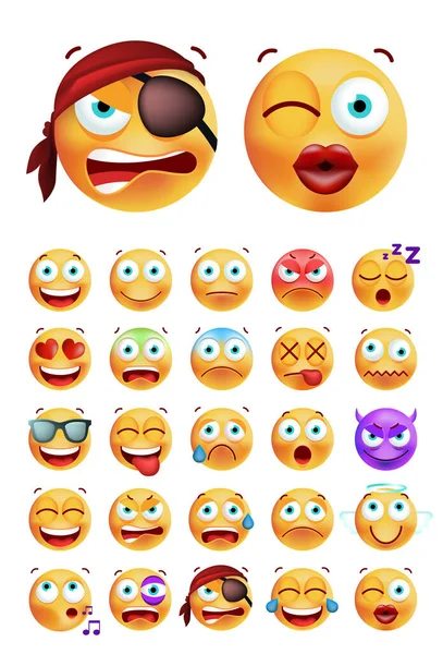 Set Cute High Quality Emoticons Solid Background Isolated Vector Illustration — Stock Vector