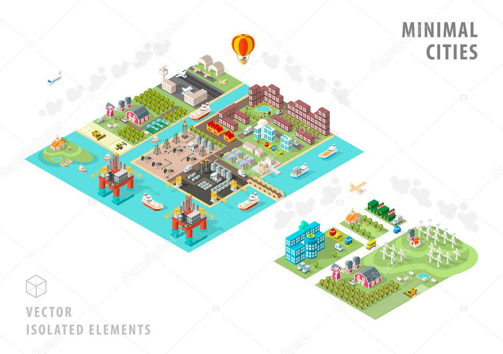 Set of Isolated Isometric City Maps . Elements with Shadows on White Background