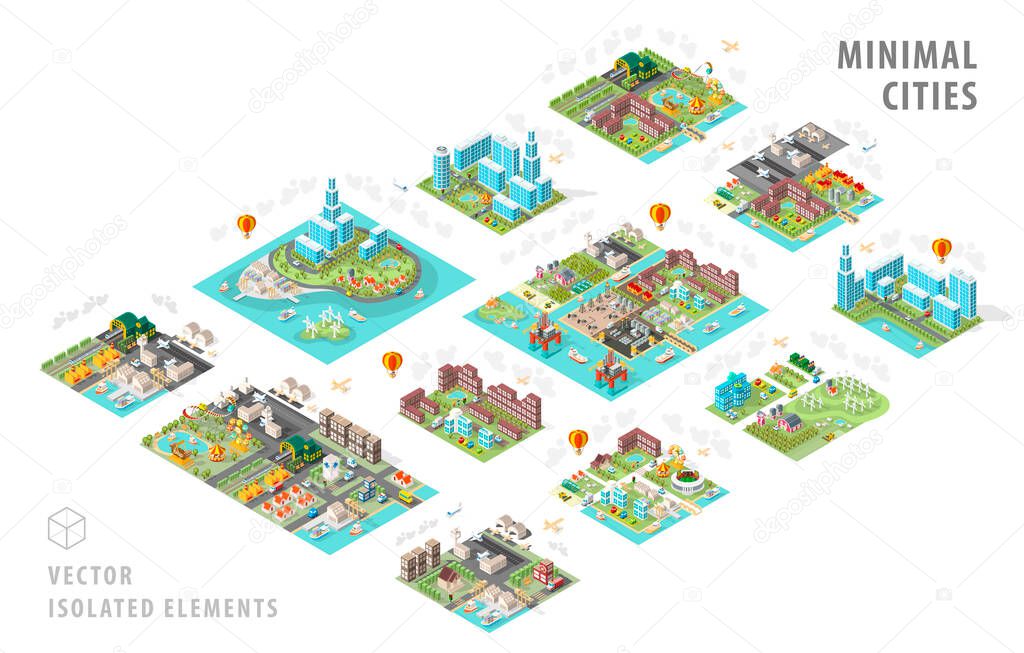 Set of Isolated Isometric City Maps . Elements with Shadows on White Background