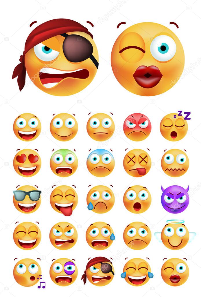 Set of Cute High Quality Emoticons on Solid Background . Isolated Vector Illustration