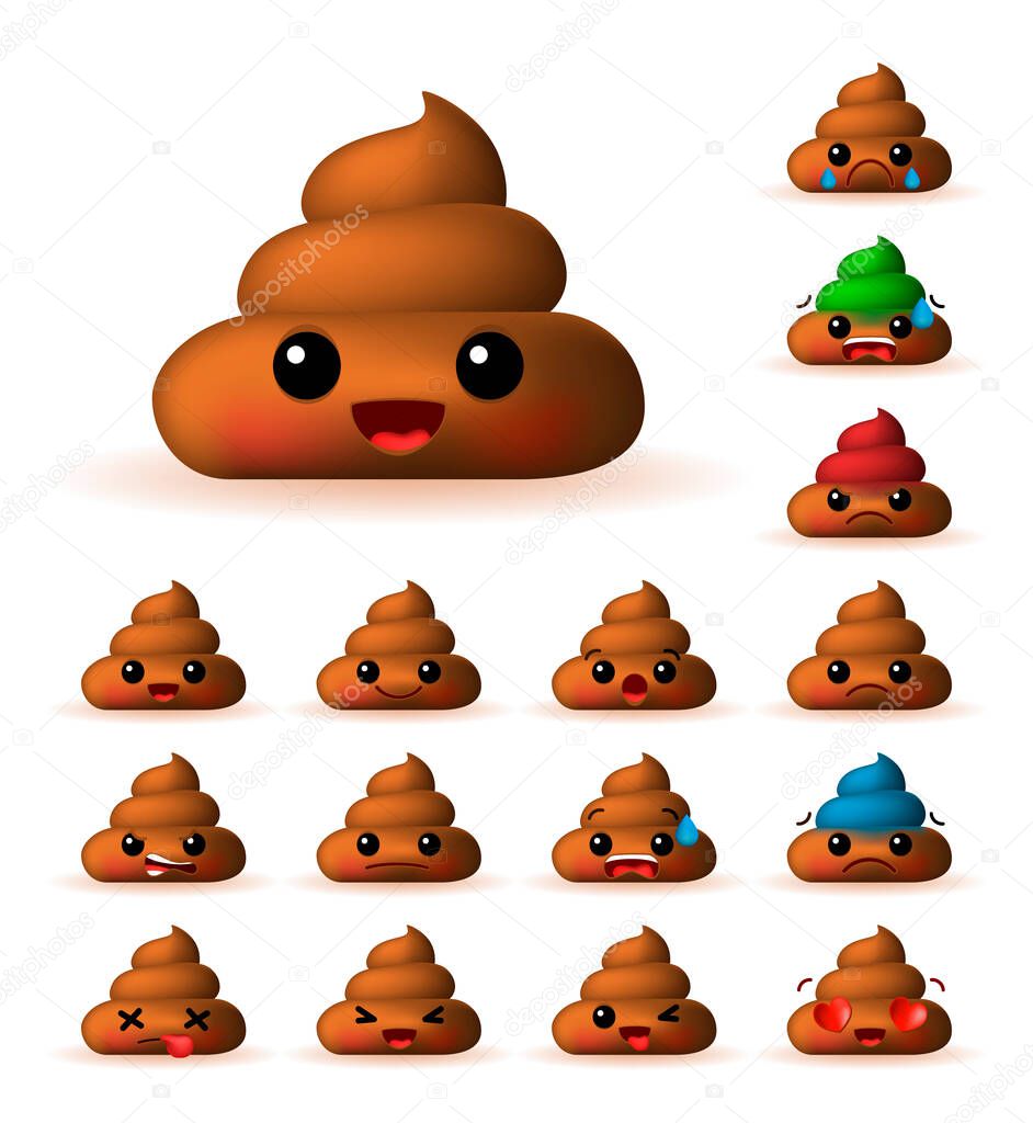 Set of High Quality Cute Poo Emoticons on Background . Isolated Vector Illustration 