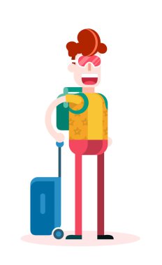 Beyaz arka planda seyahat etmeyi bekleyen yassı adam. İzole edilmiş Düz Vektör İllüstrasyonu