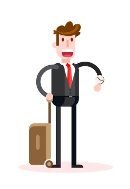 Beyaz Arkaplanda Seyahat Etmeyi Bekleyen Düz İş Adamı. İzole edilmiş Düz Vektör İllüstrasyonu