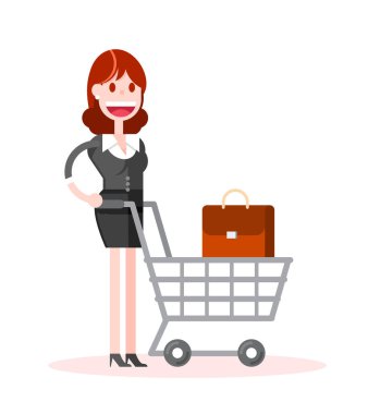 Beyaz Arkaplanda Alışveriş yapan Düz İş Kadını. İzole edilmiş Düz Vektör İllüstrasyonu