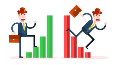 Beyaz Arkaplanda Tırmanan ve Düşen İşadamı Grafiği. İzole edilmiş Düz Vektör İllüstrasyonu