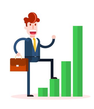 İş adamı beyaz arka planda bir iş grafiğine tırmanıyor. İzole edilmiş Düz Vektör İllüstrasyonu